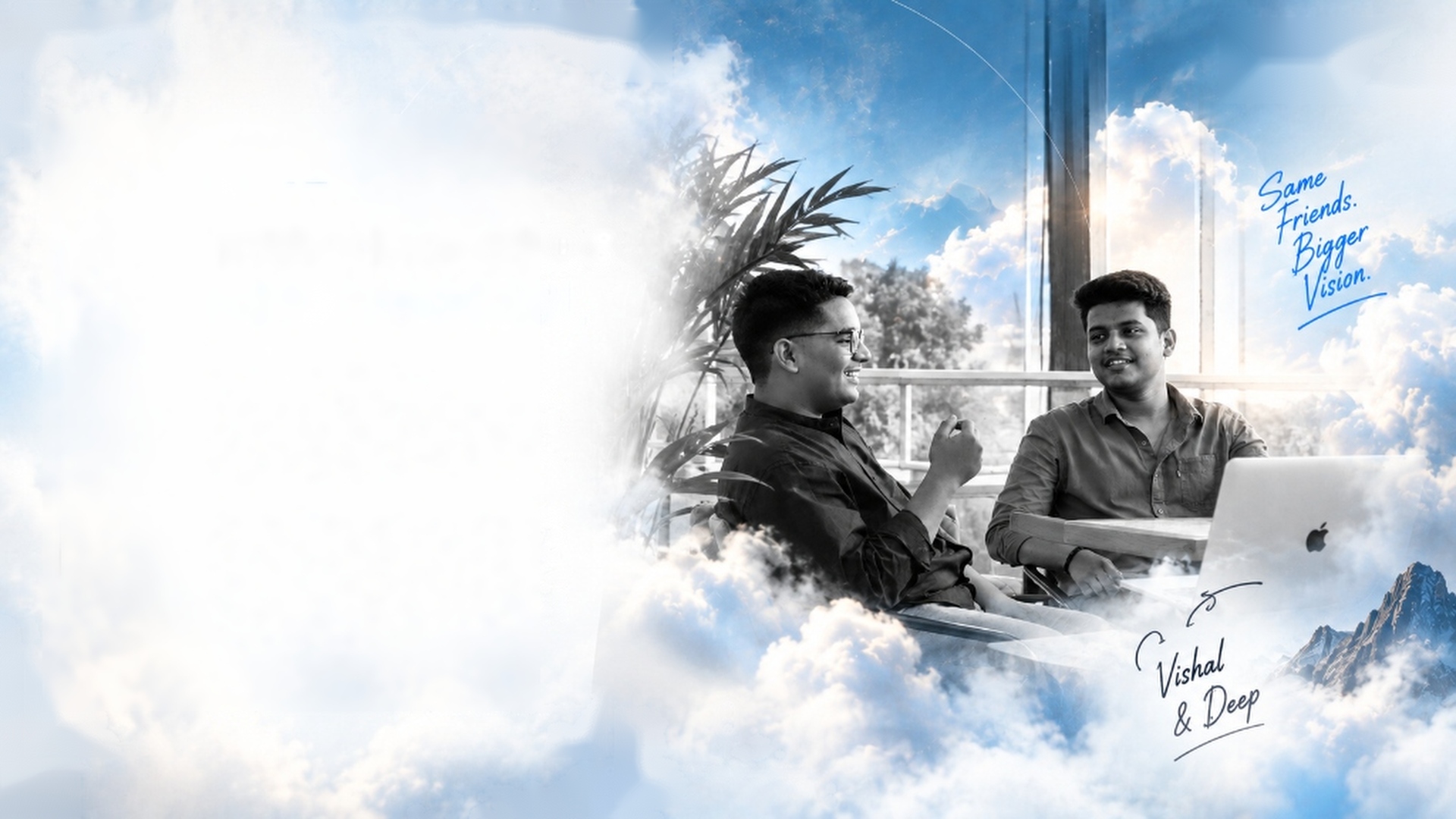 HEXNS Founders Vishal and Deep collaborating at terrace in Kolhapur, surrounded by morning clouds and mountain horizon