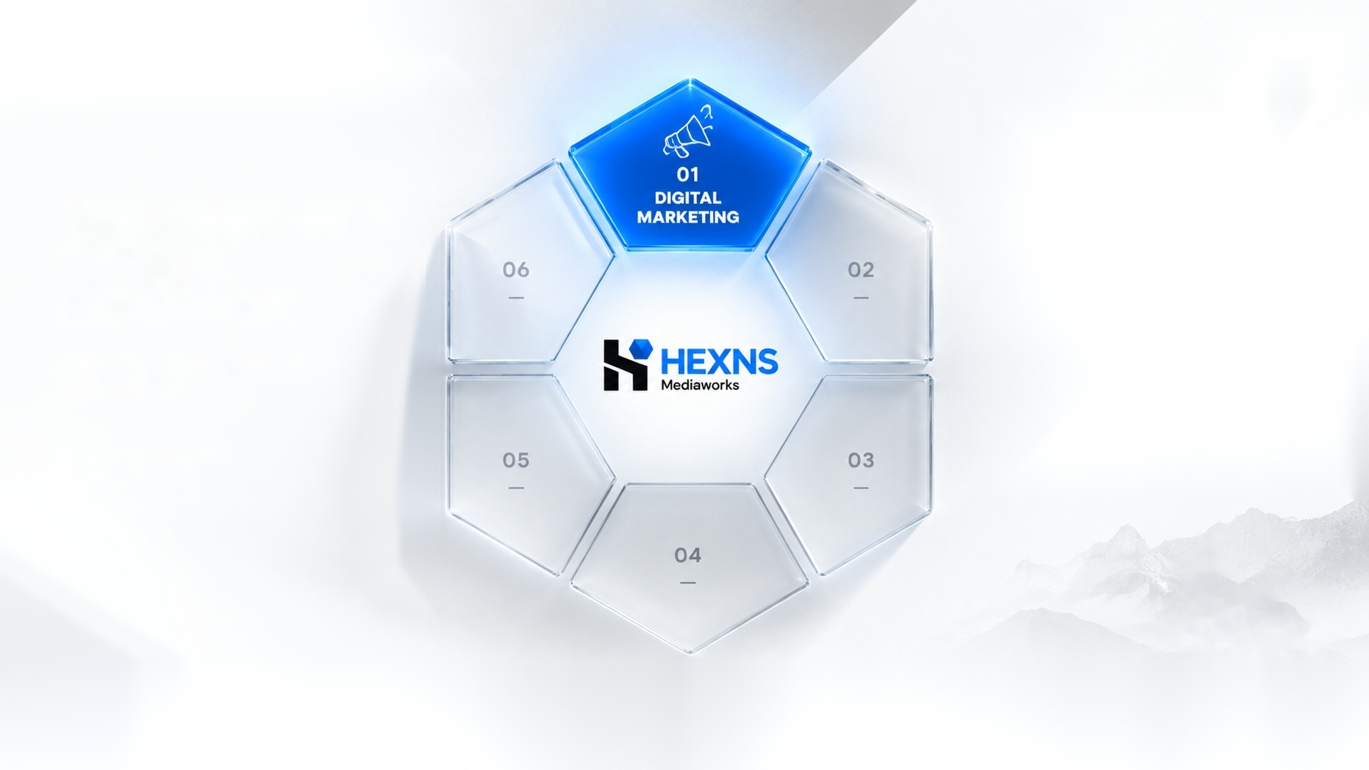 HEXNS architectural glass hexagon structure floating in the clouds, highlighting the first side: Digital Marketing