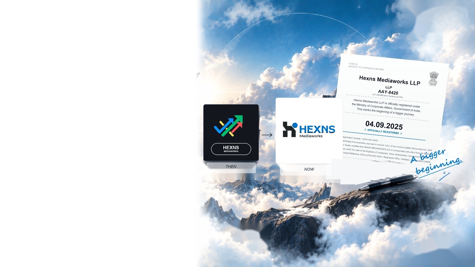 HEXNS brand identity evolution visual showing progression from early identity to current identity and official LLP registration document