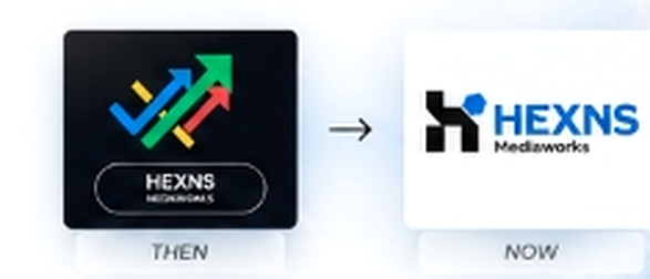 HEXNS brand identity evolution: THEN logo with colorful arrows to NOW official logo